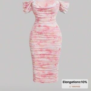 SHEIN Pink Tie-Dye Ruched Off-Shoulder Midi Dress